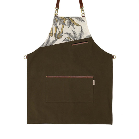 Tropical Green Canvas Apron – Stylish Apron with Leather Straps and Pockets for Cooking, Gardening, or Crafting