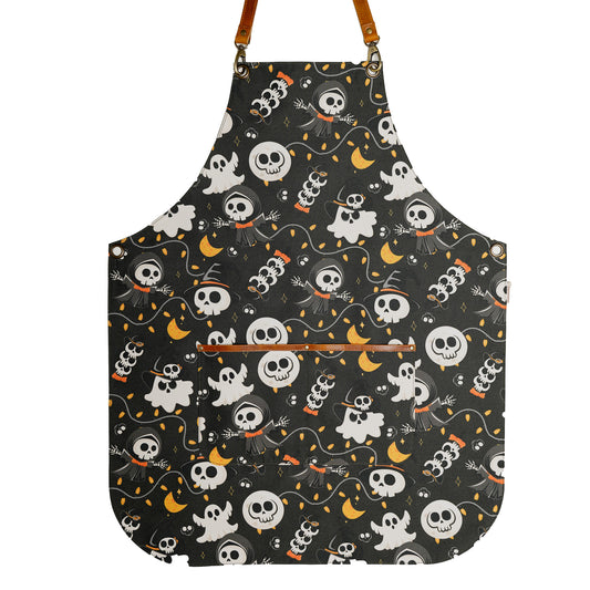 Halloween Ghost and Skull Apron – Spooky Apron with Pockets for Halloween Fun