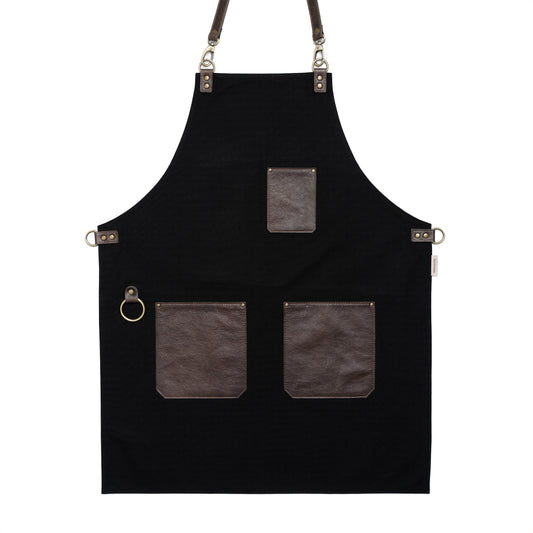 Black Canvas Apron with Leather Pockets – Professional Apron with Utility Ring for Chefs and Craftsmen