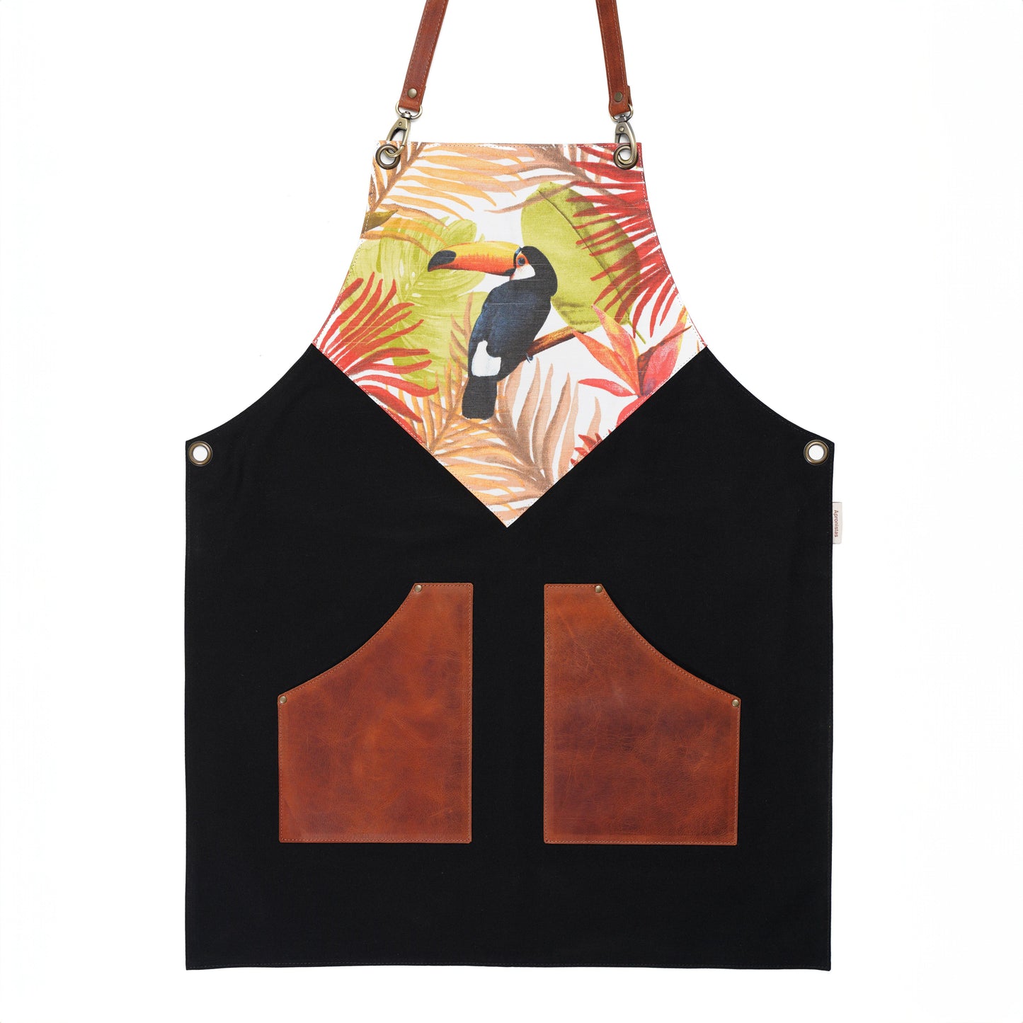 Tropical Toucan Canvas Apron – Stylish Black Apron with Leather Pockets and Jungle Print for Chefs and Artists