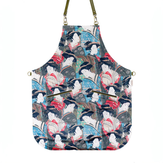 Japanese Geisha Velvet Canvas Apron – Luxurious Apron with Traditional Print and Leather Straps