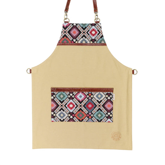 Ethnic Pattern Canvas Apron – Artisan Apron with Leather Straps and Vibrant Tribal Design