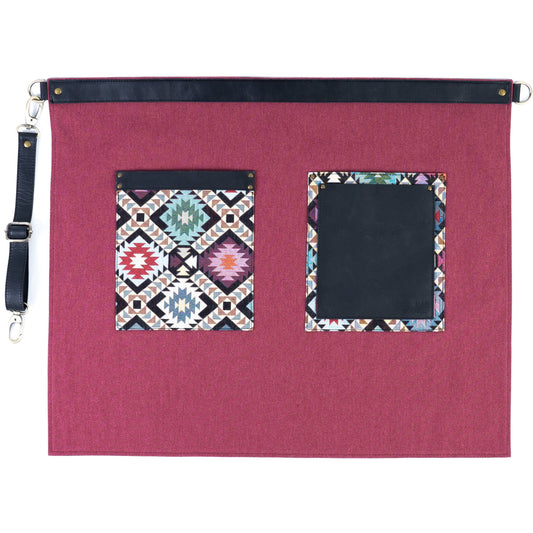 Ethnic Pattern Half Apron with Leather Trim – Colorful Waist Apron for Baristas, Servers, and Artisans