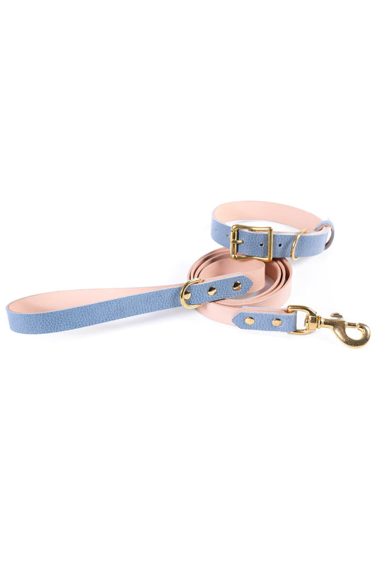 Light Blue Leather Collar & Leash Set