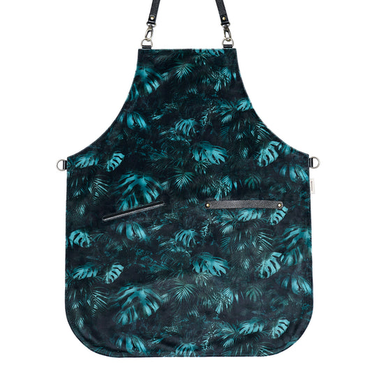 Dark Jungle Velvet Canvas Apron – Exotic Apron with Tropical Print and Leather Straps