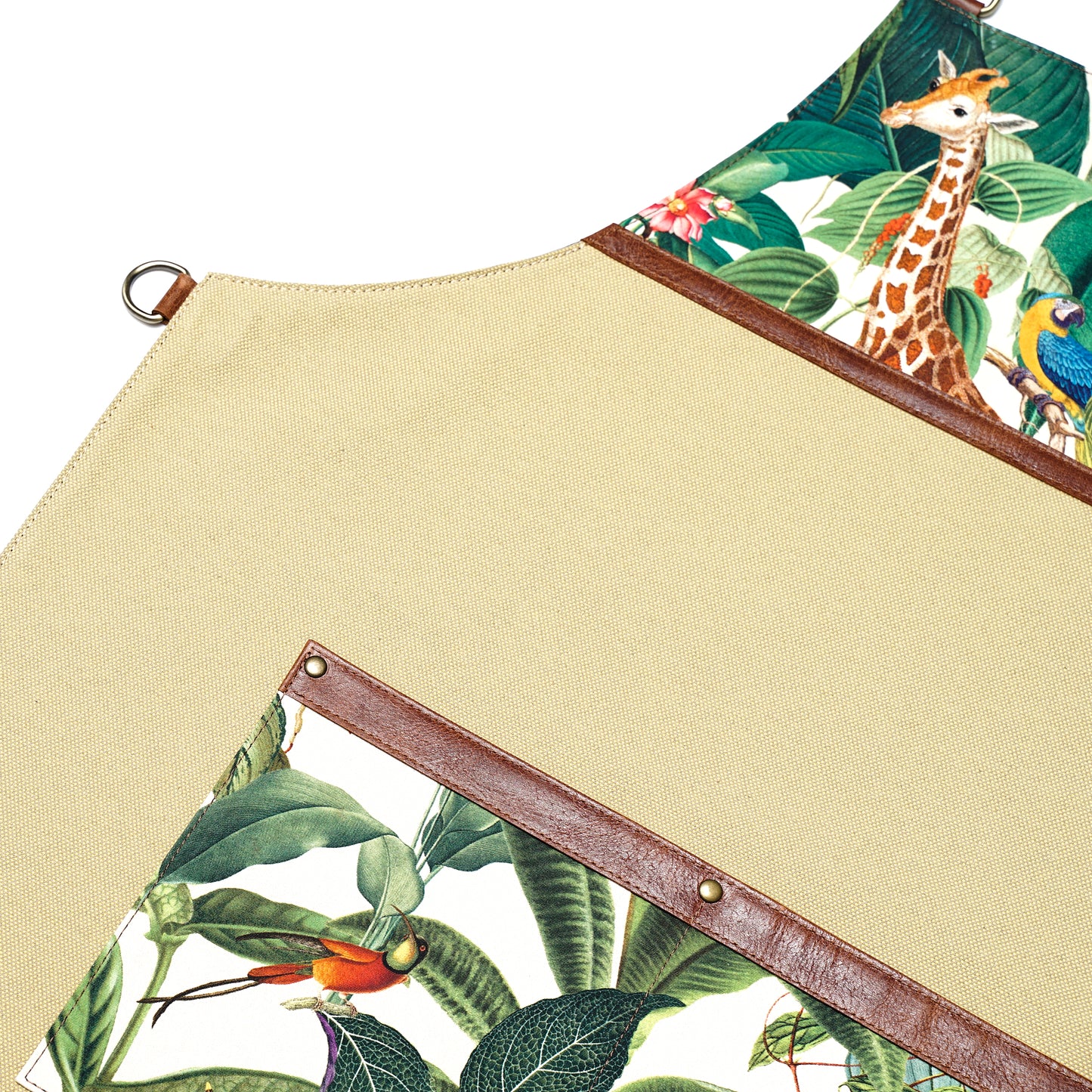 Safari Botanical Canvas Apron – Stylish Apron with Leather Straps and Jungle Print for Gardeners, Chefs, and Artists