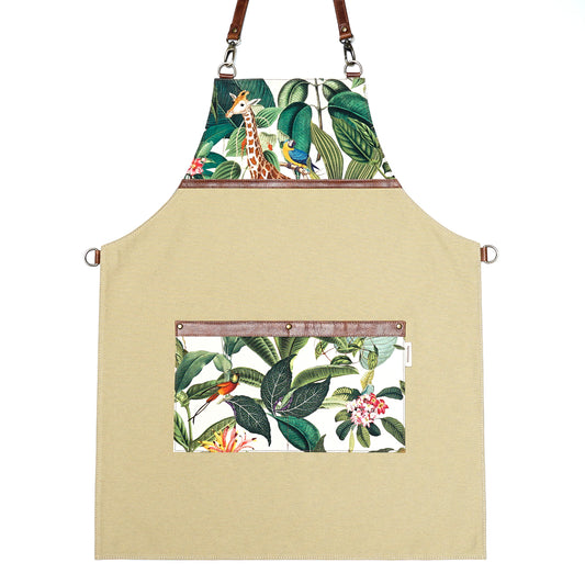 Safari Botanical Canvas Apron – Stylish Apron with Leather Straps and Jungle Print for Gardeners, Chefs, and Artists